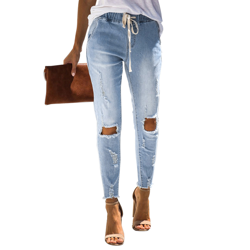 High Waisted Womens Skinny Jeans Stretchy Vintage Wash Drawstring Design Casual Autumn Winter Wear Wholesale