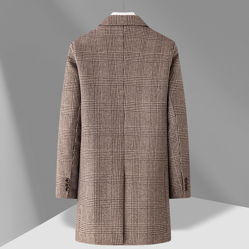 Mens Mid Length Plaid Wool Blend Overcoat Thickened Warm Stylish Perfect for Autumn and Winter Wholesale Available