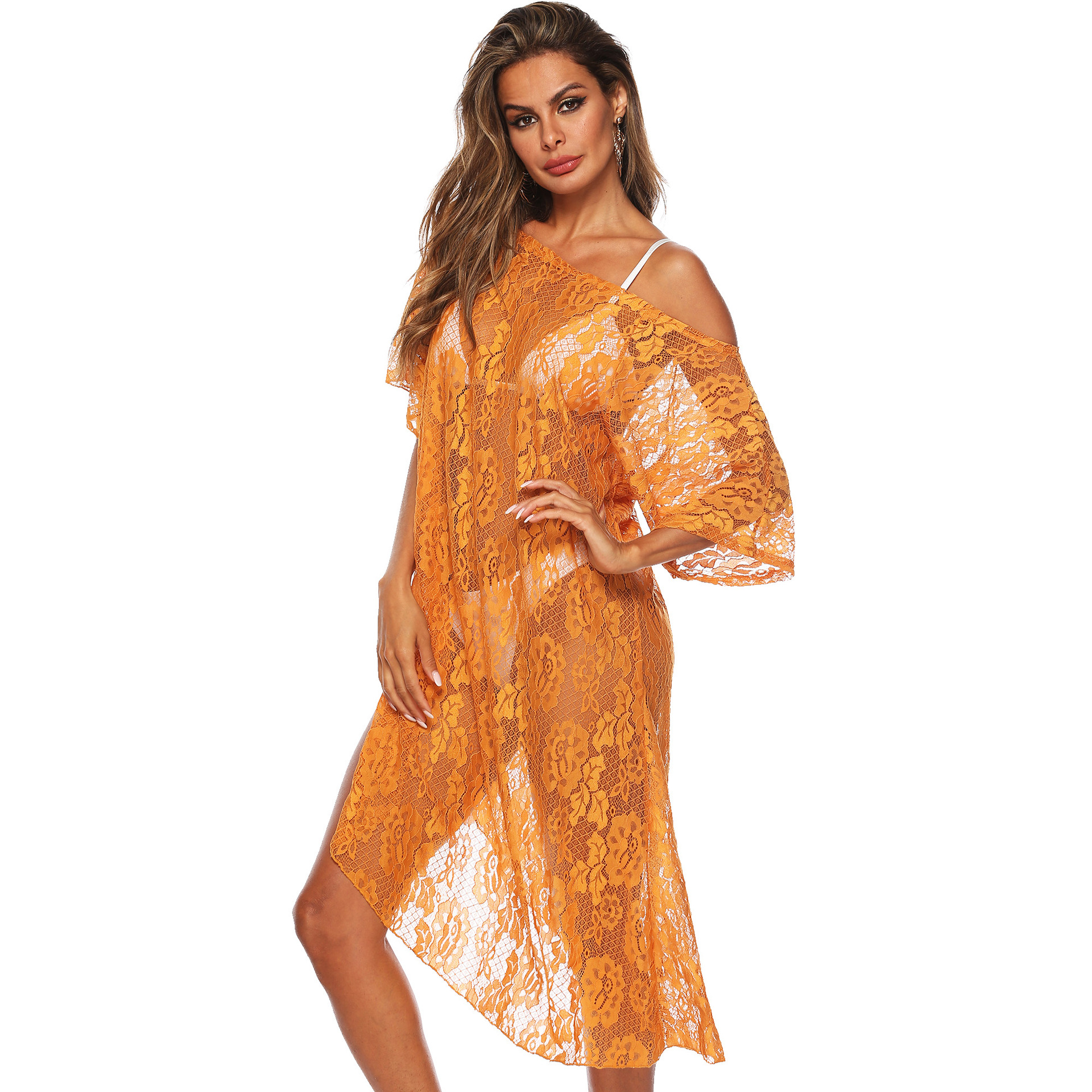 Sheer Lace Beach Cover Up Dress Irregular Asymmetrical Design Sexy Style Lightweight Fabric Summer Swimwear