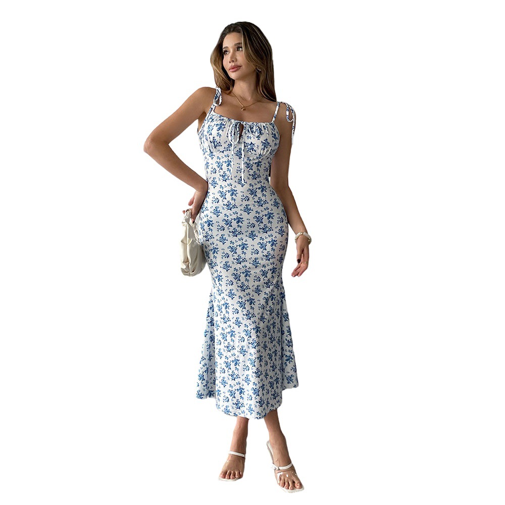 Summer Floral Print Maxi Dress for Women Sweet Slim Fit Spaghetti Straps Elegant Casual Wear Wholesale Available