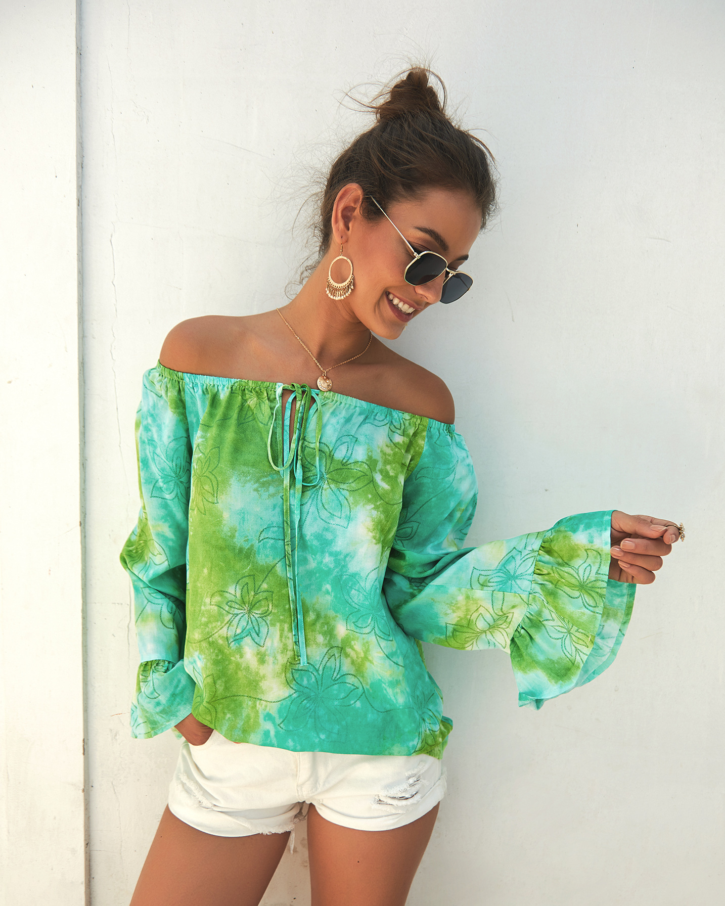 Womens Summer Long Sleeve Off Shoulder Top Original Design Lightweight Fabric Trendy Style Perfect for Casual
