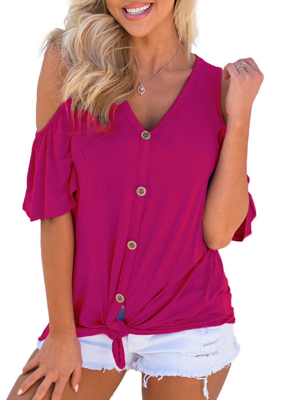 Womens Off Shoulder V Neck Button Knot Ruffle Short Sleeve T Shirt Casual Chic Style Available for Wholesale