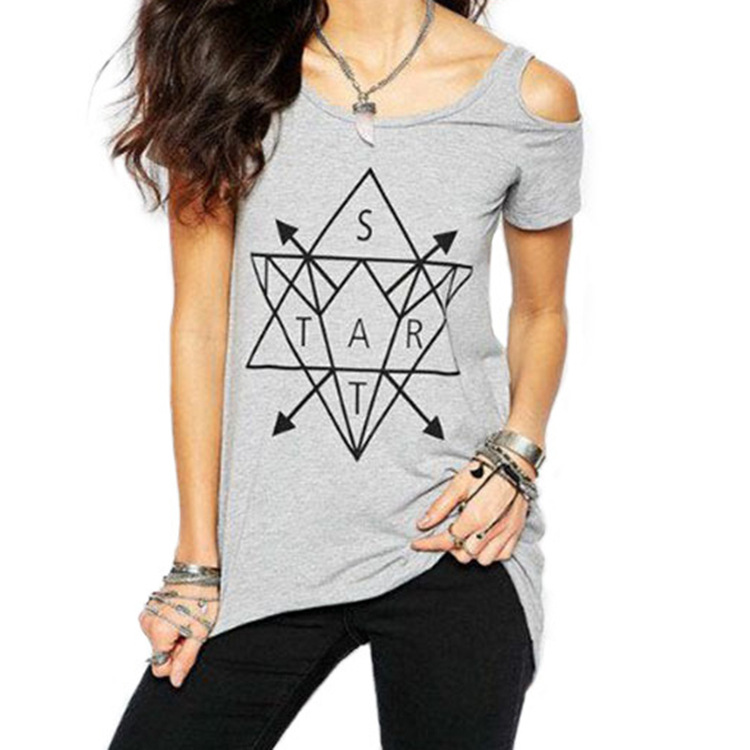 Geometric Print Off Shoulder T Shirt Short Sleeve Mid Length Stylish Design Casual Wear for Women Wholesale