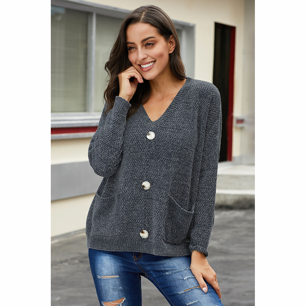 Womens V Neck Knit Sweater Loose Fit Long Sleeve Solid Color Casual Autumn Winter Wear Wholesale Available