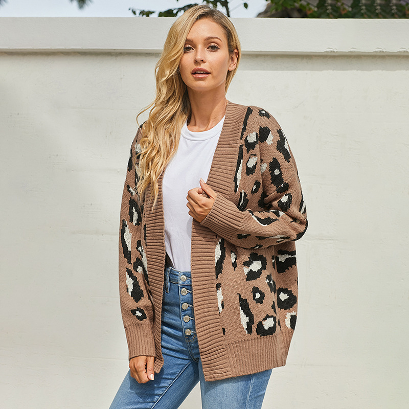 Womens Long Cardigan Sweater Winter Loose Fit Leopard Print Knitted Fabric Casual Wear Wholesale Available