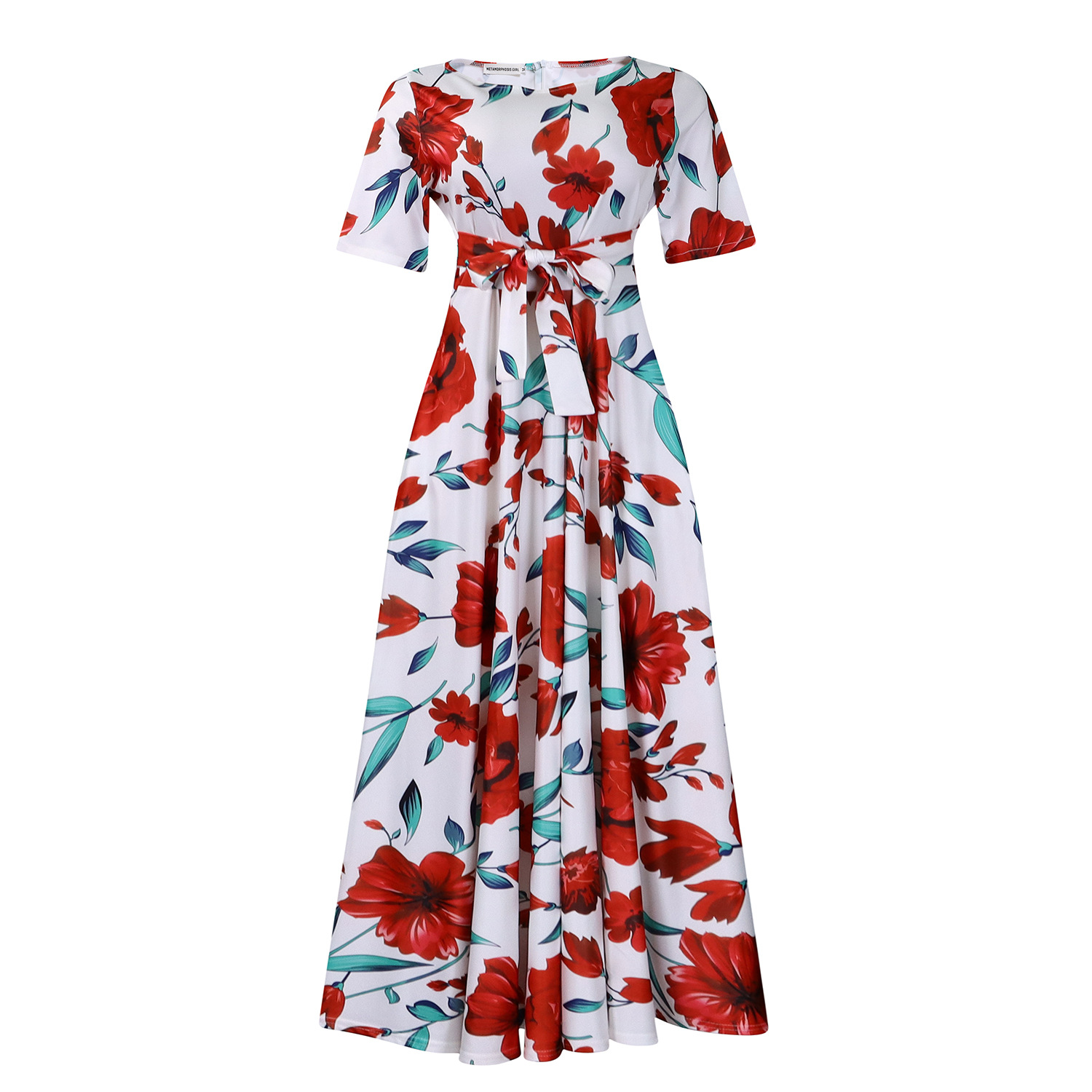 Fashionable Plus Size Short Sleeve A Line Dress with Tie for Women, Trendy African Style, Perfect for Cross Border Trade