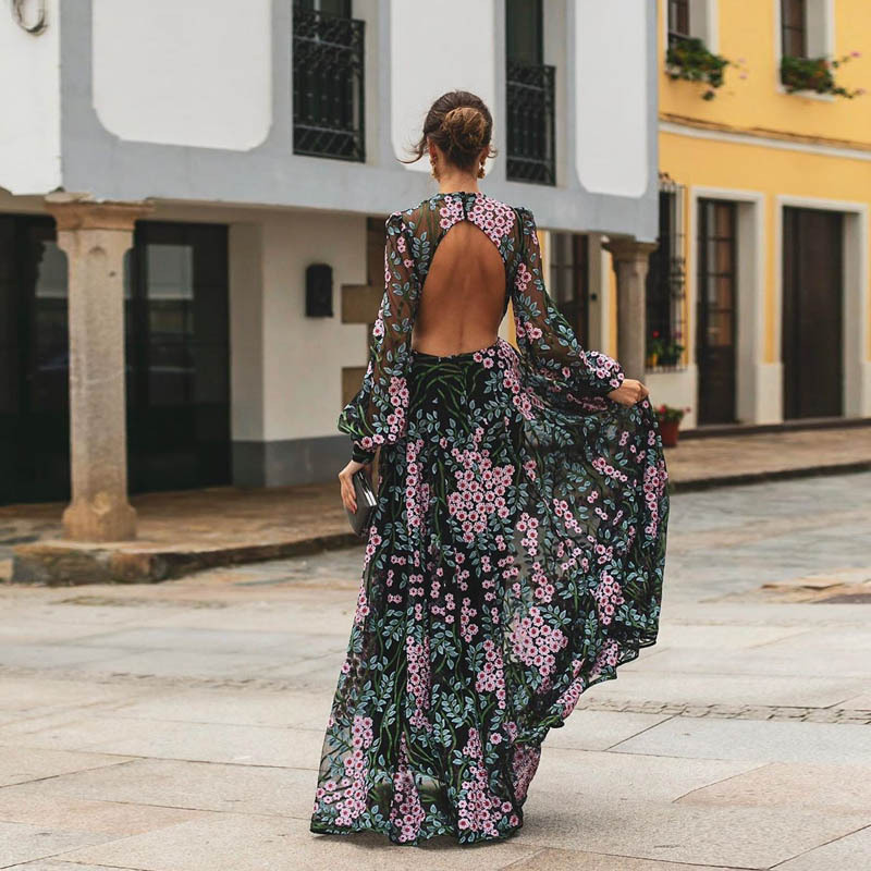 Womens Floral Print Maxi Dress Slim Fit Backless Design Elegant Style Perfect for Parties and Special Occasions