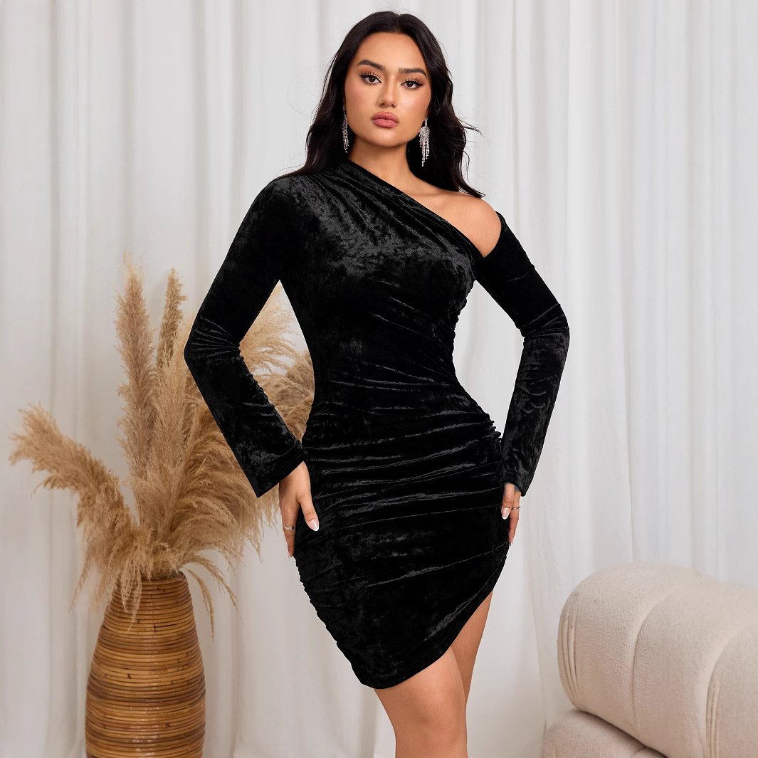 Velvet Off Shoulder Mini Dress Elegant Sexy Soft Fabric Autumn Winter Fashion for Parties Wholesale Available
