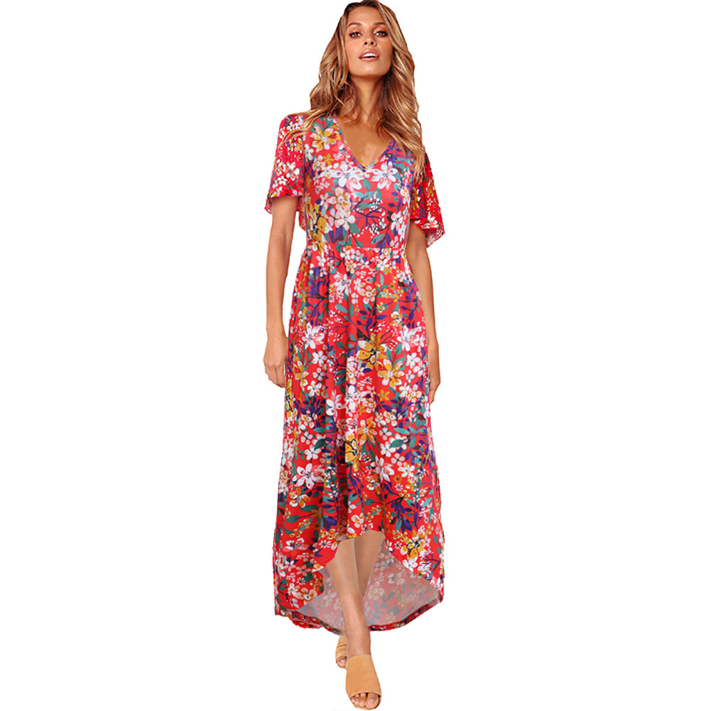 Fashionable Womens Maxi Dress Short Sleeve V Neck Floral Print High Waist Perfect for Summer Events Wholesale