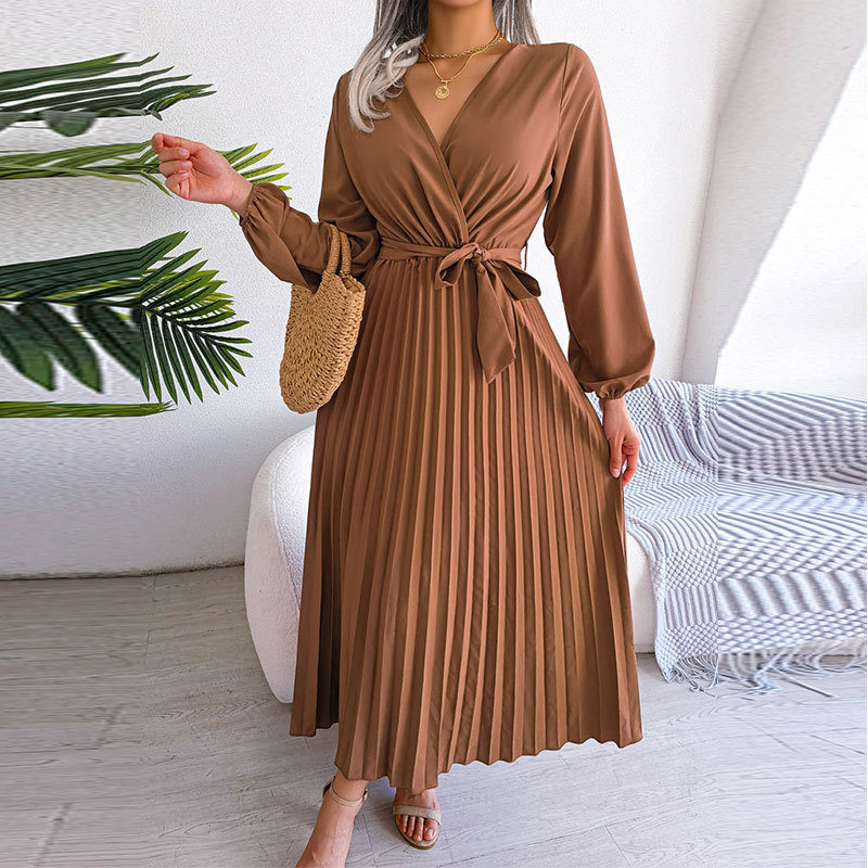 Summer Casual High Waist Pleated Dress Solid Color V Neck Cross Back Design Perfect for Outdoor Events Wholesale