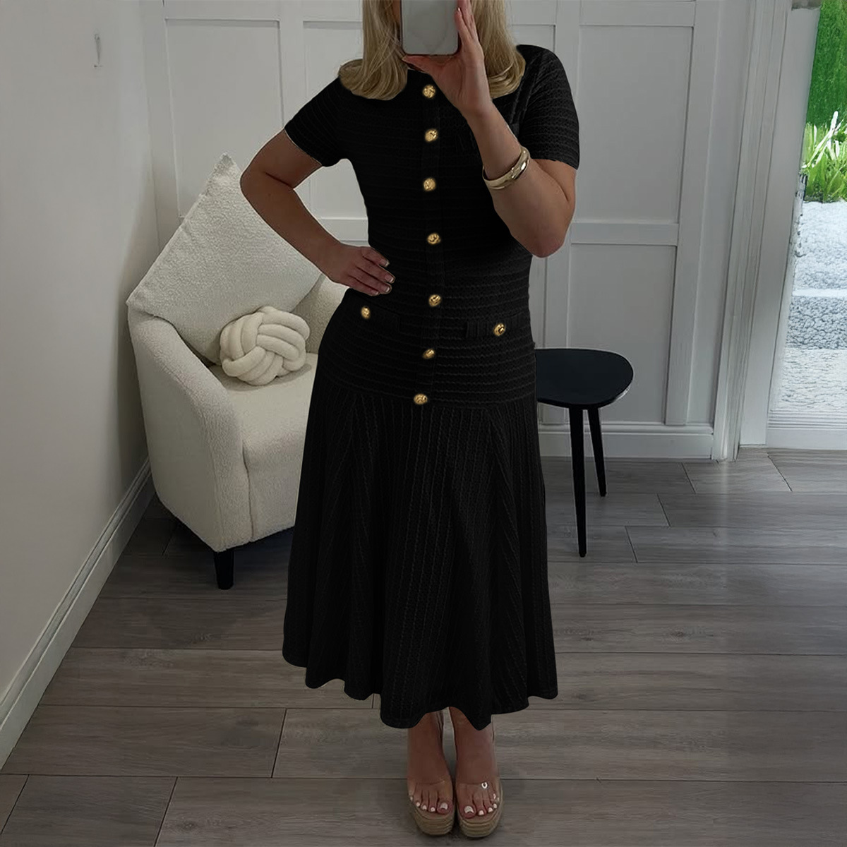 European and American Simple Elegant Button Short Sleeve Long Dress for Women Autumn and Winter
