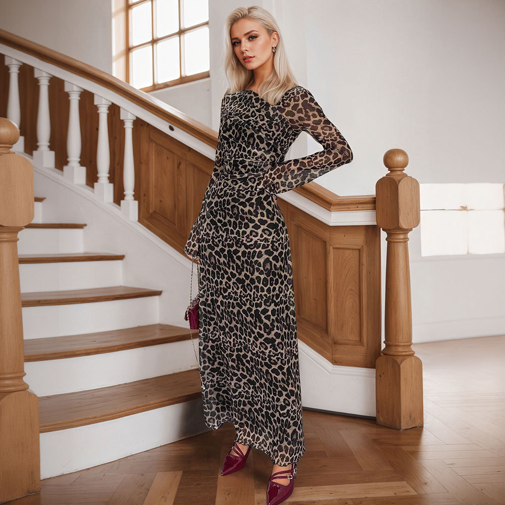 New Cross Border Women's Dress with Asymmetrical Neckline, Long Sleeve, Sexy Leopard Print, Elegant Long Party Dress