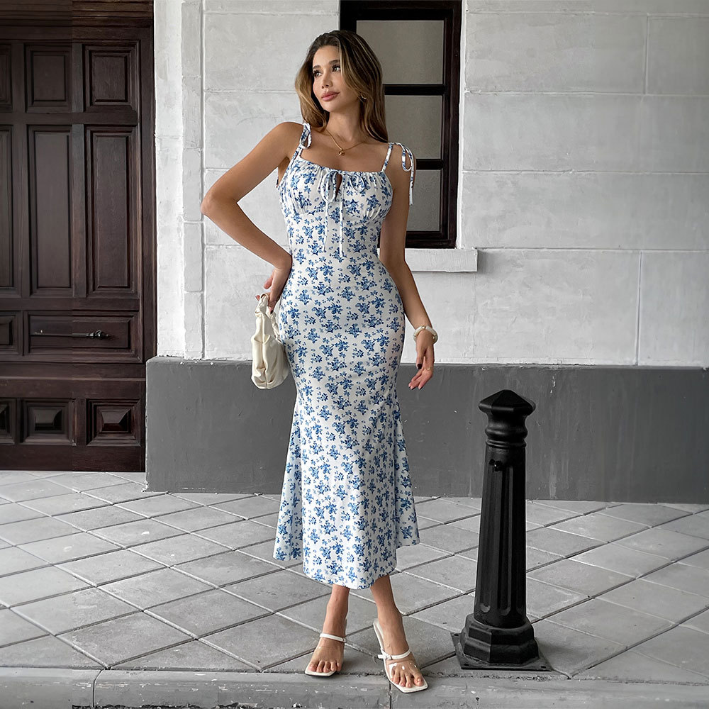 Summer Floral Print Maxi Dress for Women Sweet Slim Fit Spaghetti Straps Elegant Casual Wear Wholesale Available