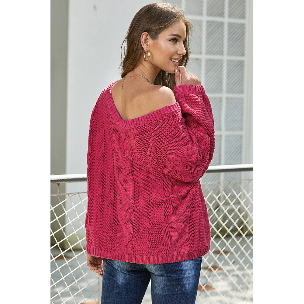 Womens Winter V Neck Sweater Long Sleeve Loose Fit Solid Color Chunky Knit Casual Wear Wholesale Available