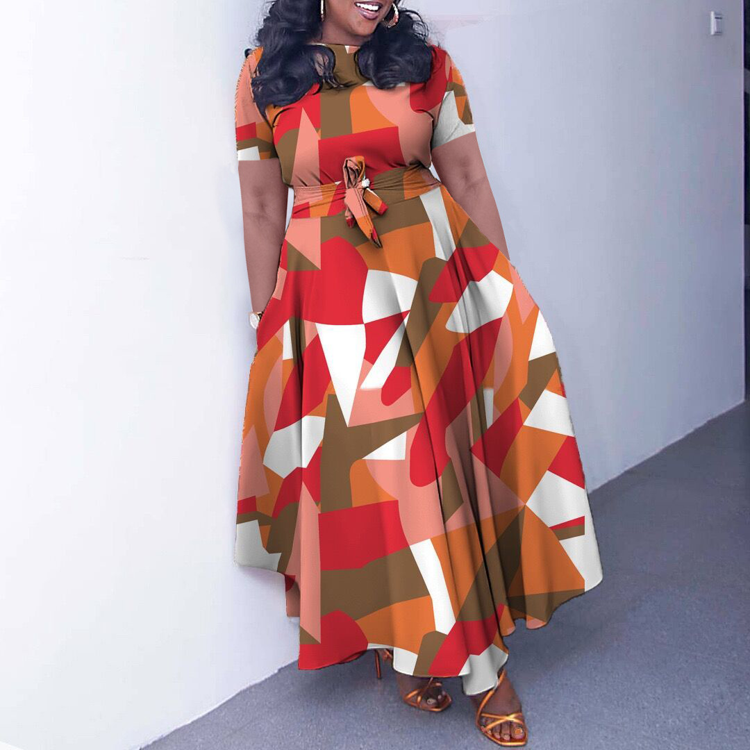 Fashionable Plus Size Short Sleeve A Line Dress with Tie for Women, Trendy African Style, Perfect for Cross Border Trade