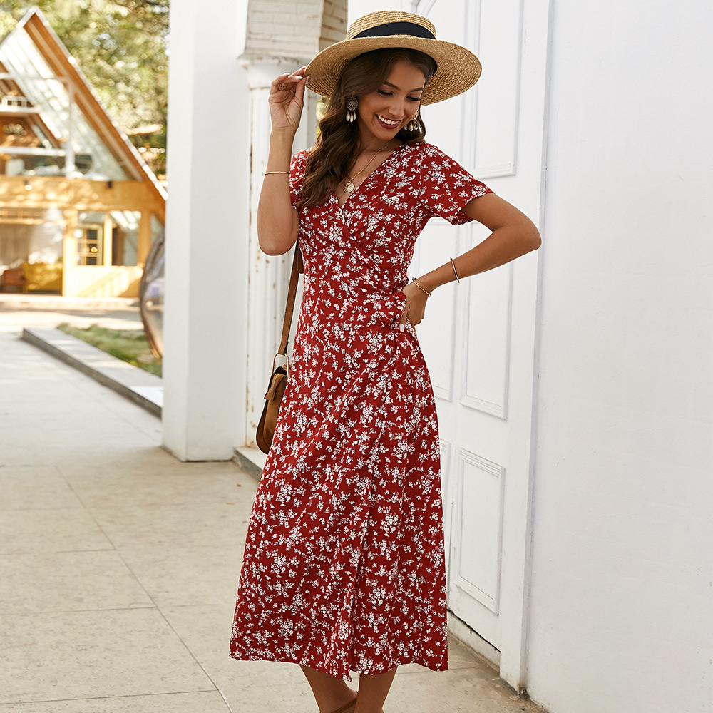 Floral Print Short Sleeve Dress Slim Fit Lightweight Fabric Spring Summer Style Wholesale Available