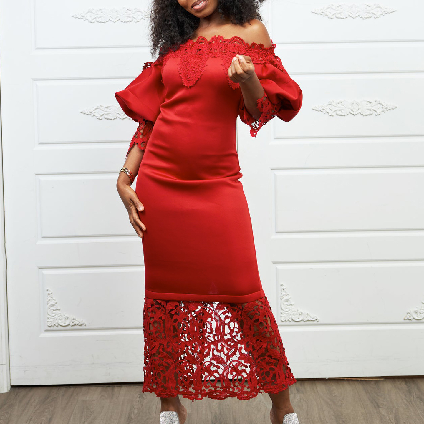 International Women's Fashion Dress — Off Shoulder Lace Patchwork, Lantern Sleeves, Elegant Evening Gown — Party, Wedding Gues