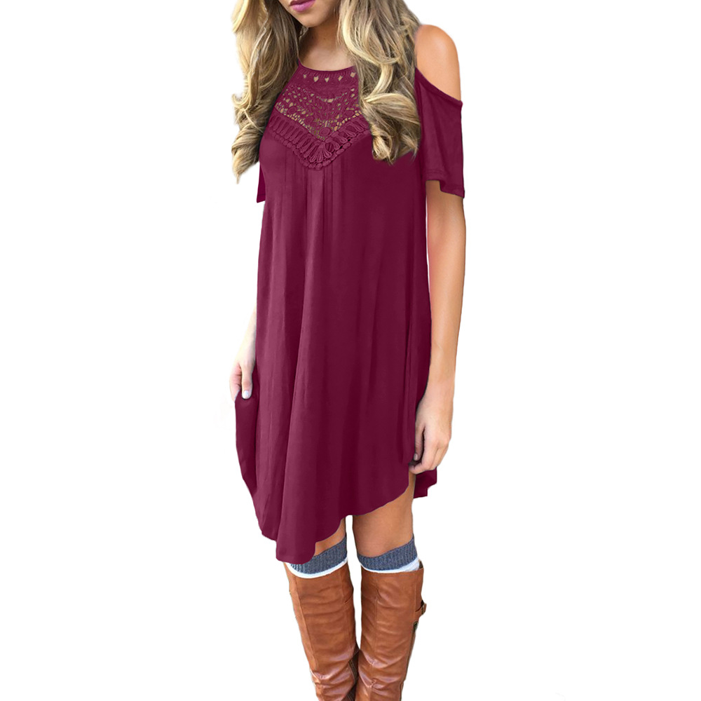 Summer Womens Dress Short Sleeve Round Neck High Waist Knee Length Irregular Hem Casual Wear OEM Available