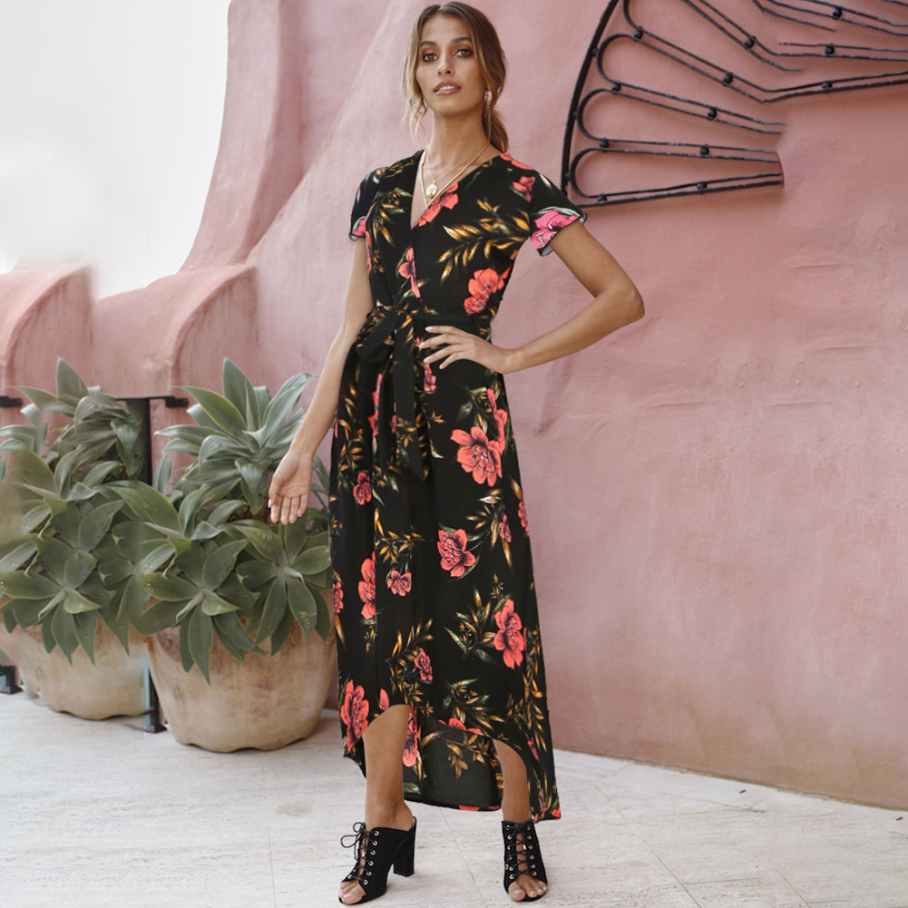 Womens Floral Print Maxi Dress Short Sleeve V Neck Belted Summer Beachwear Wholesale Available