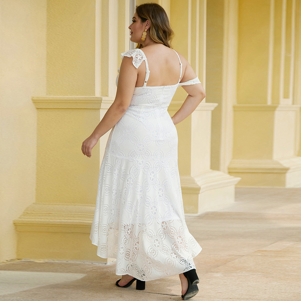 Plus Size Summer Evening Dress Hollow Lace Asymmetrical Off Shoulder V Neck Long Length Formal Events Wholesale