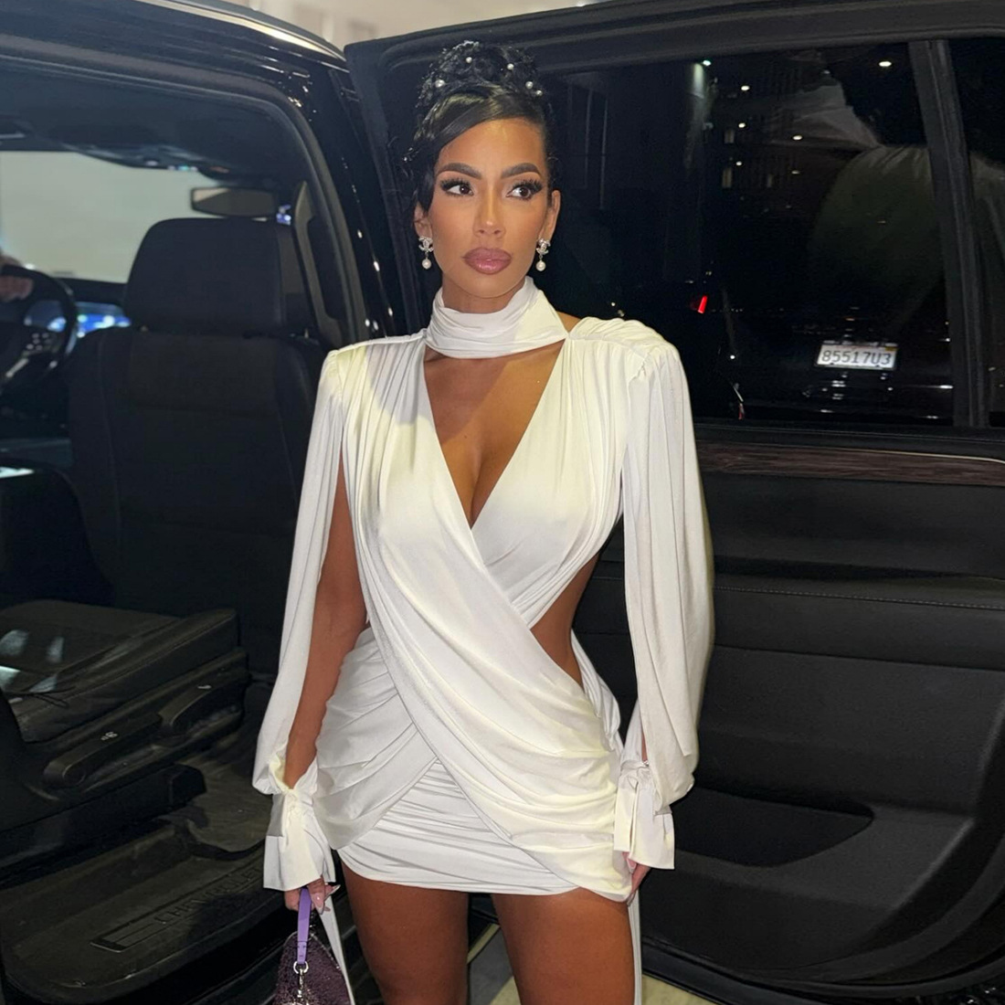 European and American Cross border Autumn Winter New Women's Solid Color Hollow Long Sleeve Sexy Deep V neck Waist exposing Bodycon Dress