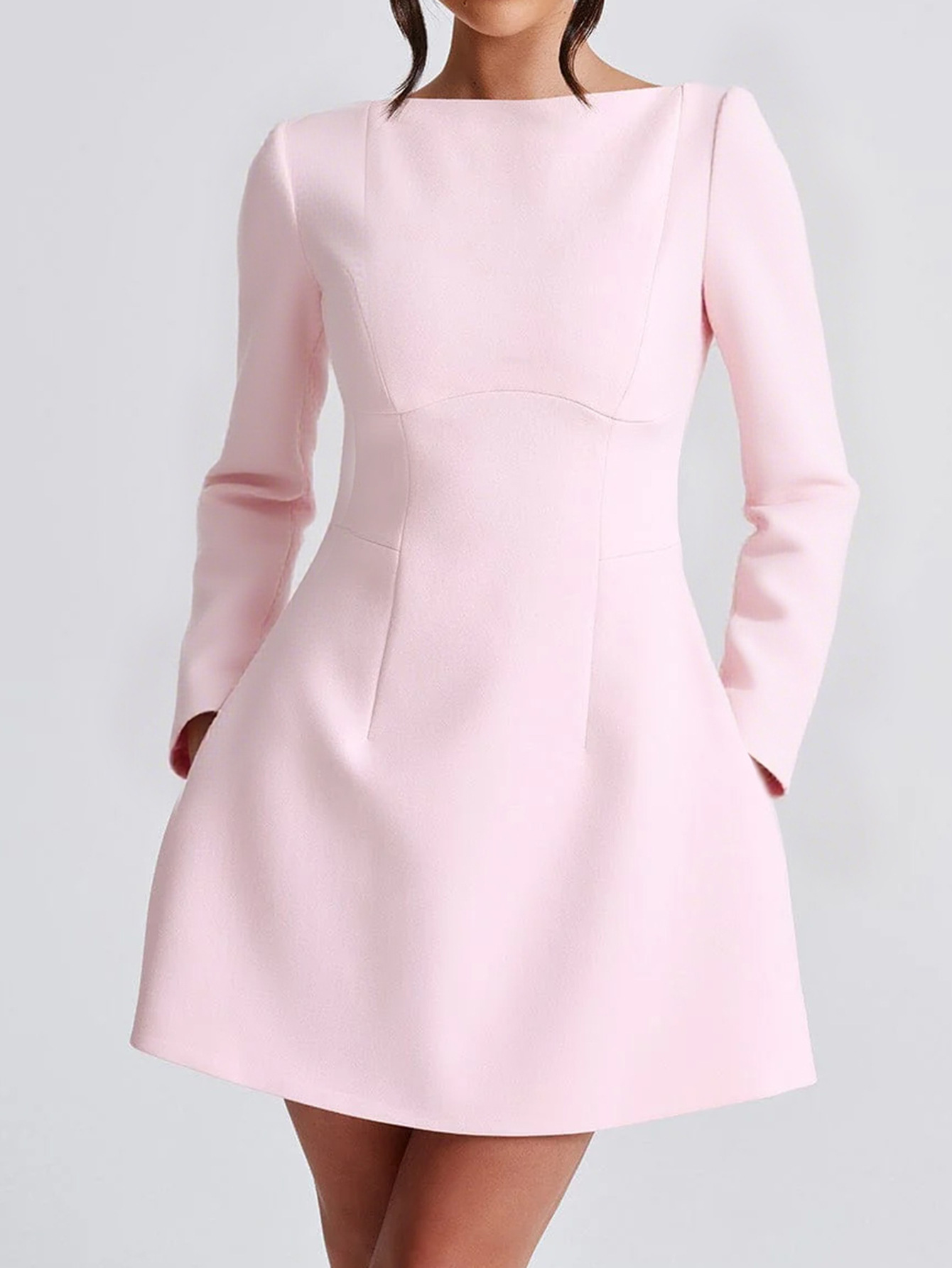 Elegant Solid Color Long Sleeve Short Dress for Women Autumn Winter