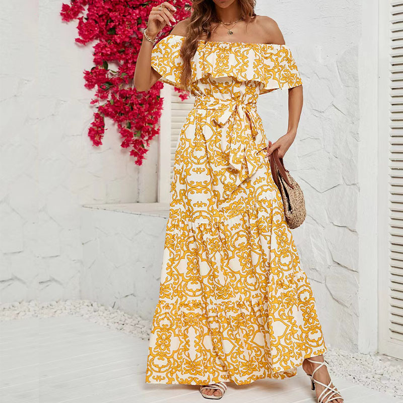 European and American Market, Floral Print Off Shoulder Ruffle Sleeve Maxi Dress — Elegant, Trendy, Comfortable — Casual Wear