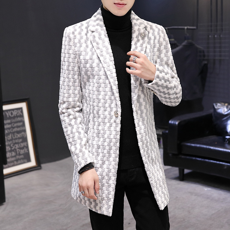 Mens Slim Fit Plaid Blazer Faux Fur Wool Blend Stylish Design Autumn Winter Outerwear Wholesale Available