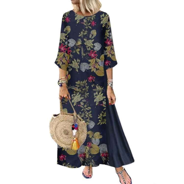 Fashionable Womens Dress 3 4 Sleeve Round Neck Cotton Linen Blend Floral Print Casual Wear Wholesale Available