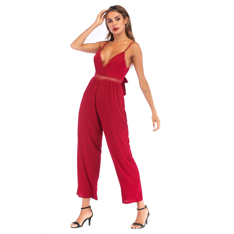Womens Sexy Lace Backless Jumpsuit Slim Fit Spaghetti Straps Elegant Design Perfect for Parties or Night Out