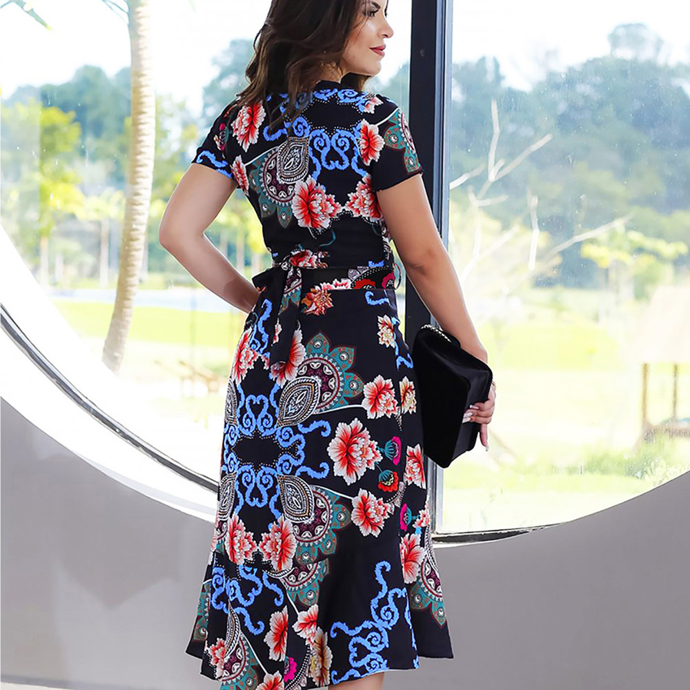 Womens Casual Loose Fit V Neck Short Sleeve Floral Ruffle Tie Dress Stylish Summer Fashion Available for Wholesale