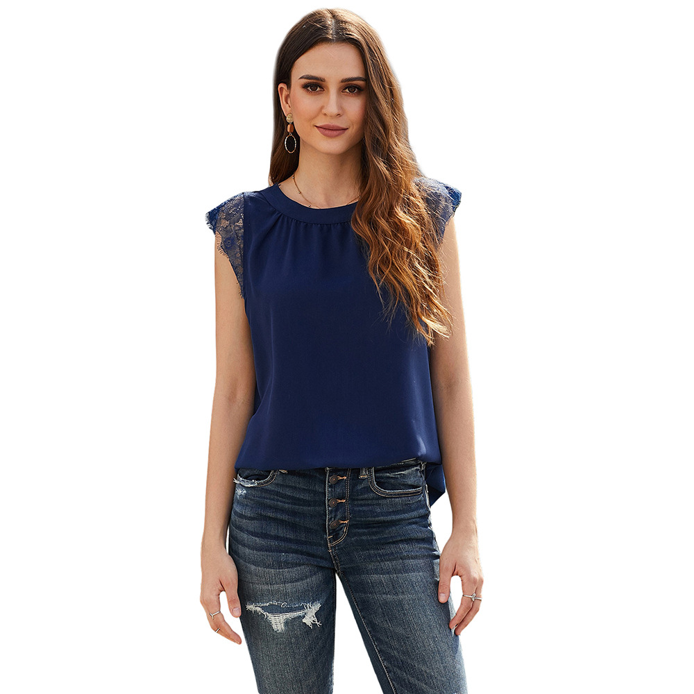 European Style V Neck Short Sleeve Lace Print Reversible Top Loose Fit Solid Color Versatile Wear Wholesale Available