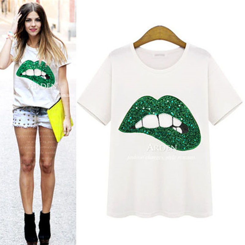 Embroidered Lip Graphic T Shirt Short Sleeve Round Neck Casual Style Perfect for Summer Wear Wholesale Available