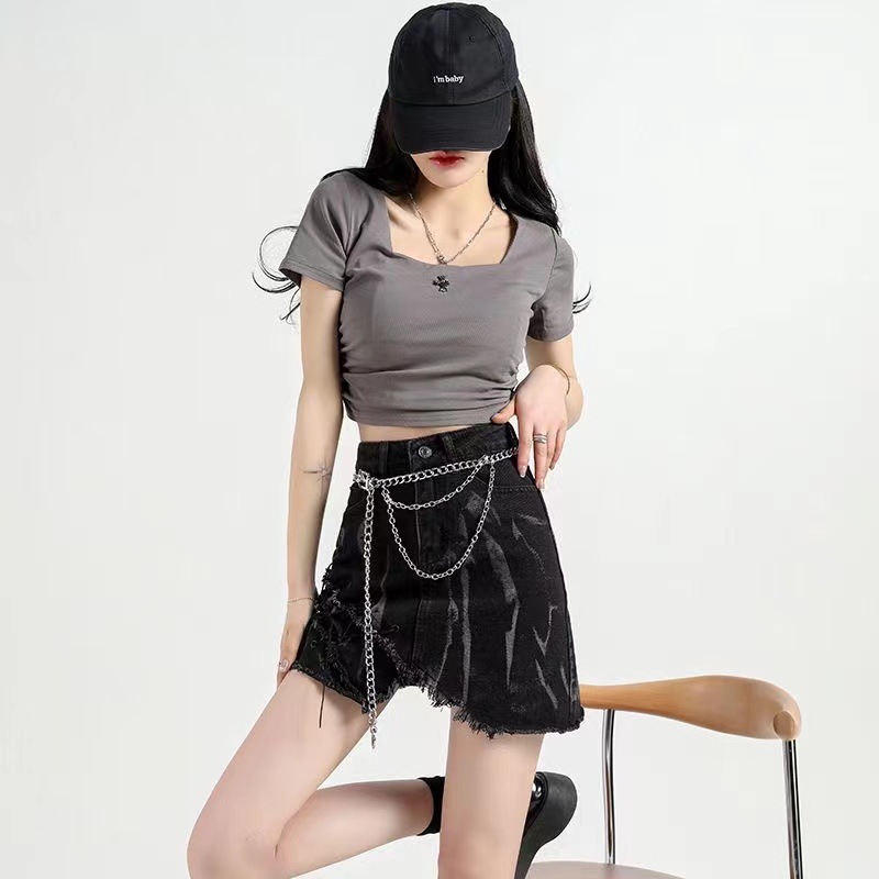 Vintage Graffiti Denim Mini Skirt for Women High Waist Slim Fit A Line Frayed Hem Summer Casual Wear Wholesale