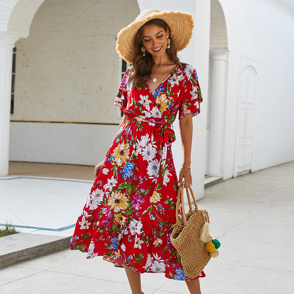 Bohemian Print Tie Front Dress Original Design Spring Summer Style Comfortable Fit Wholesale Available