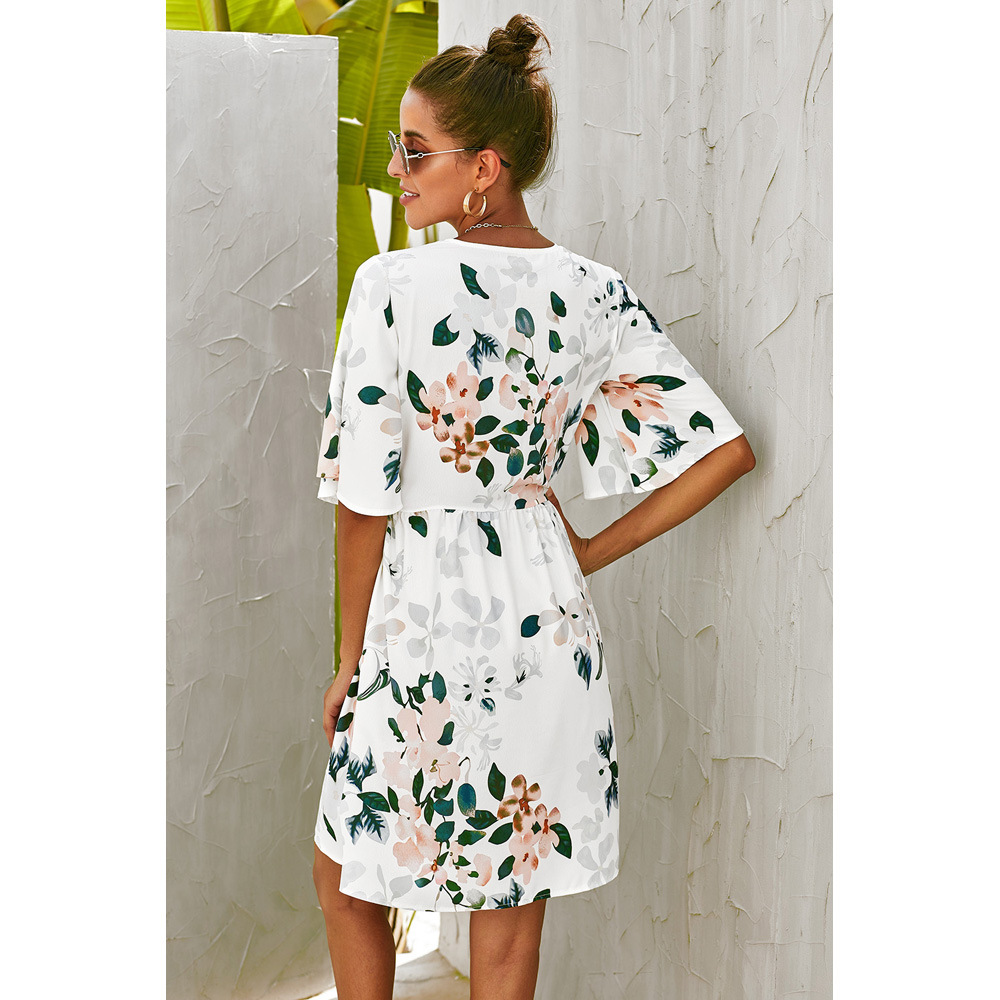 Summer Floral Print Dress for Women Sexy V Neck Waist Defining Short Sleeves Vacation Style Wholesale Available