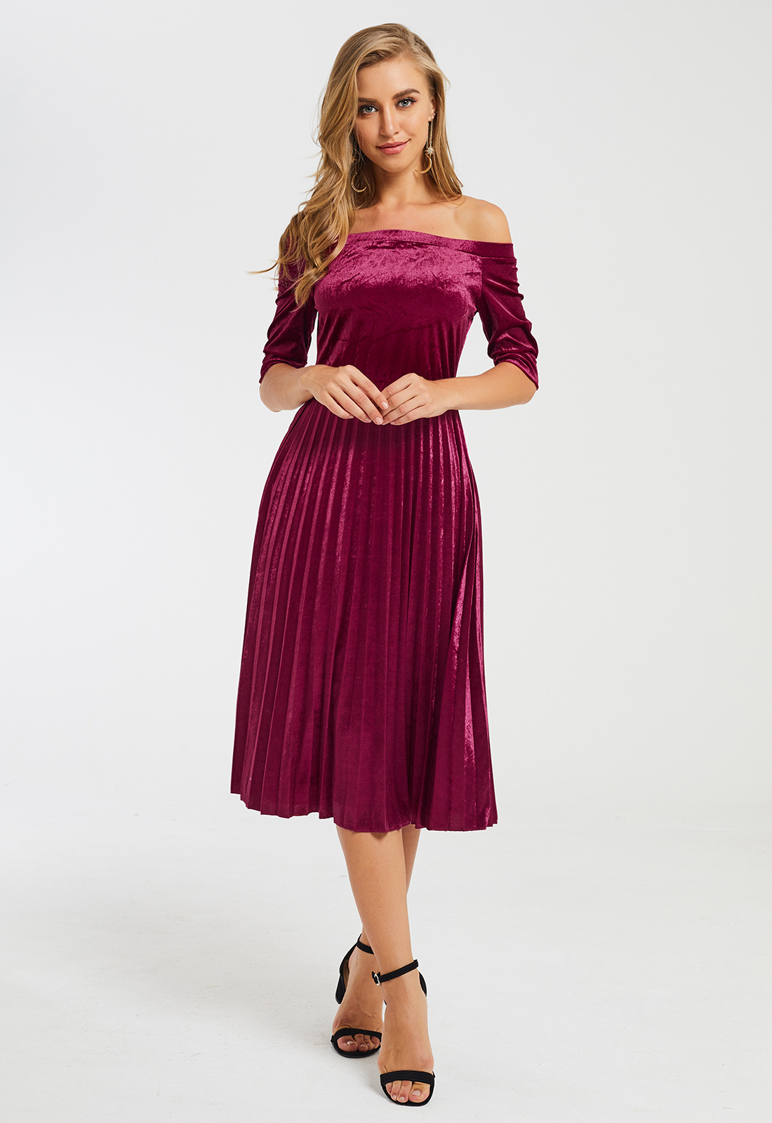 Off Shoulder Pleated Velvet Maxi Dress Four Quarter Sleeve Elegant Design Perfect for Parties and Special Occasions