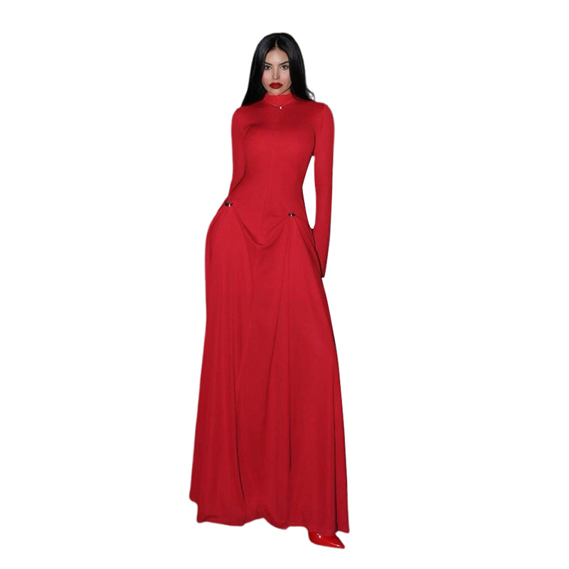 Elegant Women's Long Sleeve Dress in Solid Color, Slim Fit, High Quality Winter Fashion for Cross Border Trade