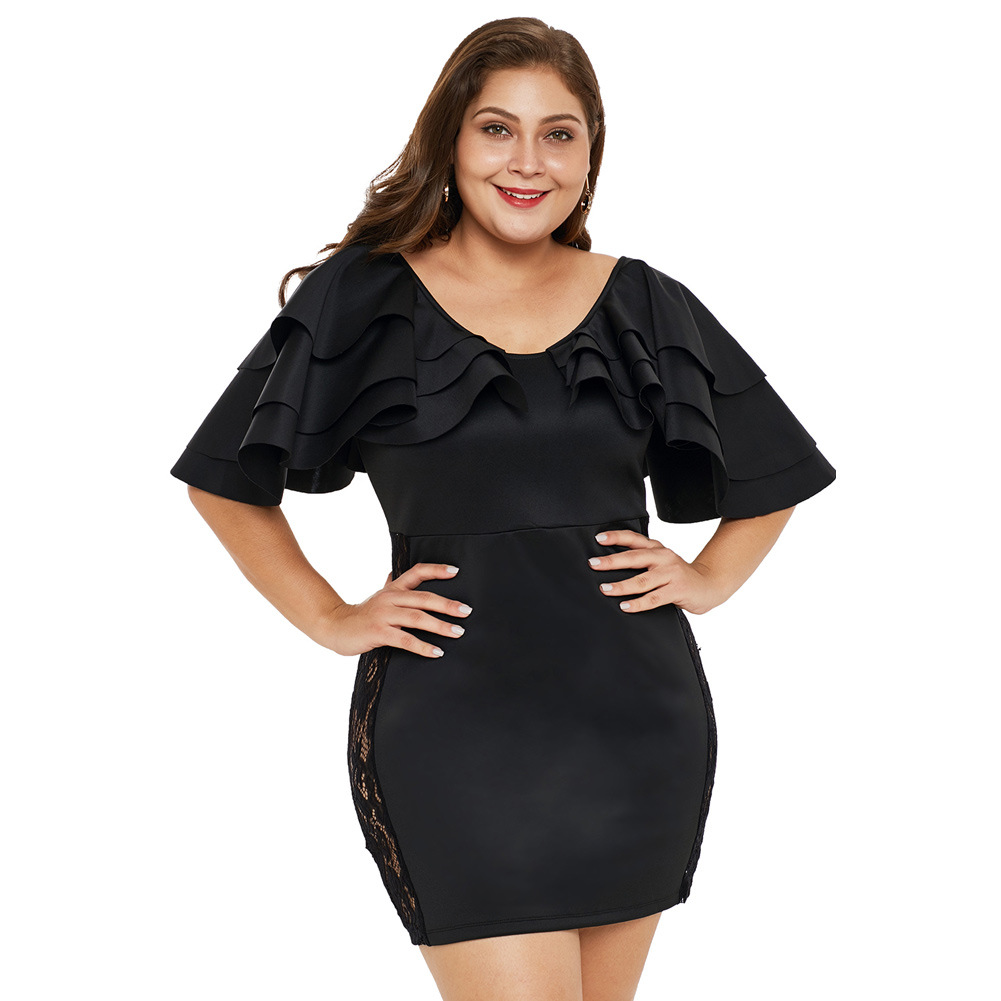 Plus Size Lace Insert Dress Round Neck Ruffled Short Sleeves High Waist Pleated Design Elegant Evening Wear