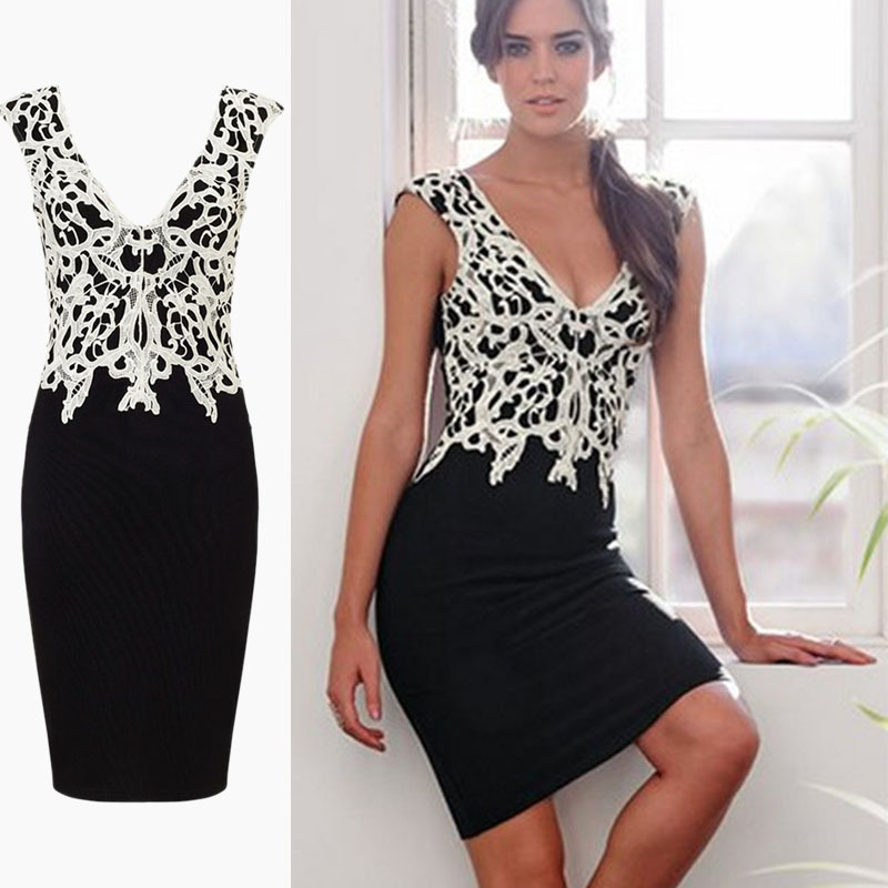 Womens Sexy V Neck Lace Patchwork Midi Dress Slim Fit Pencil Silhouette Elegant Design Perfect for Parties and