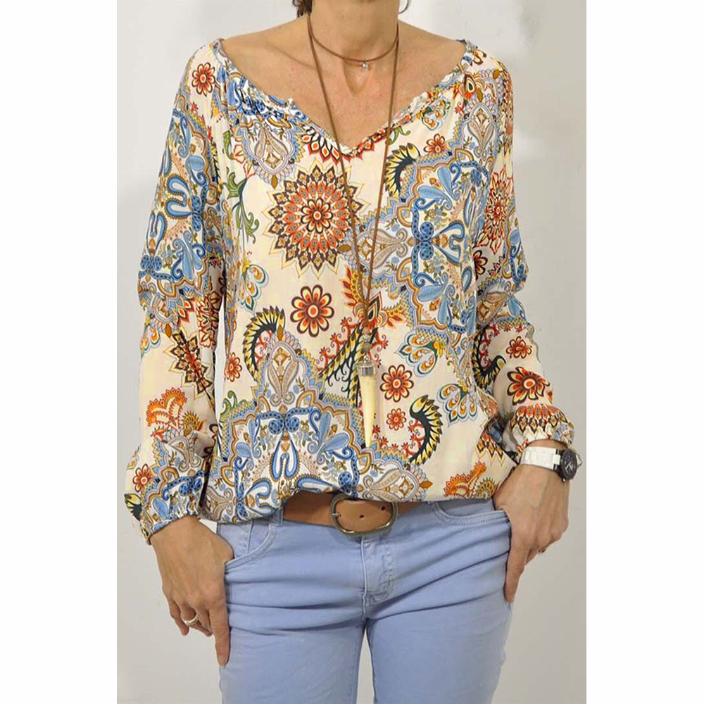 Vintage Floral Print Womens Loose Fit V Neck Long Sleeve Top Autumn Style Casual Wear Wholesale Available