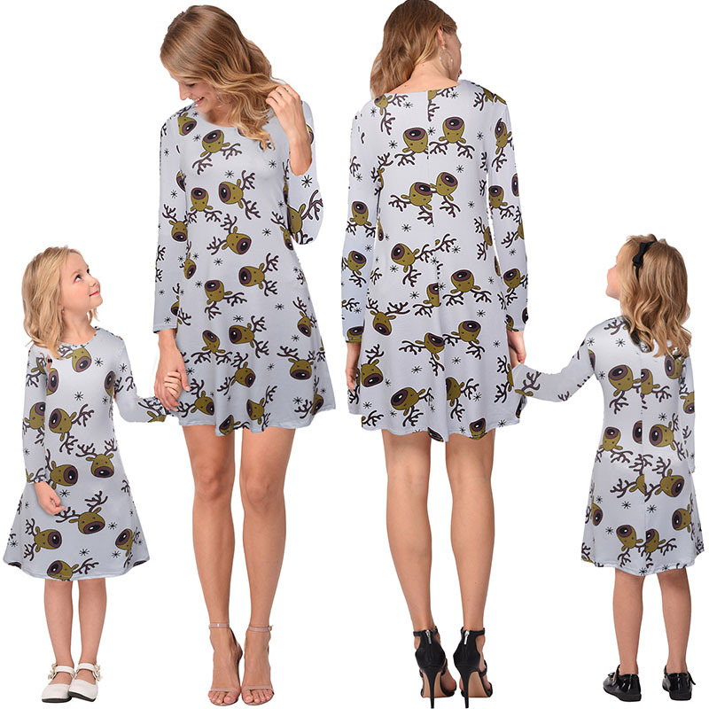 Printed Long Sleeve A Line Dress Mid Waist Family Matching Autumn Winter Style Perfect for Christmas Celebrations