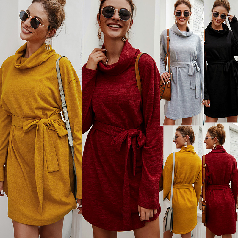 Womens Long Sleeve Sweater Dress Original Design Solid Color Autumn Winter Style Wholesale Available