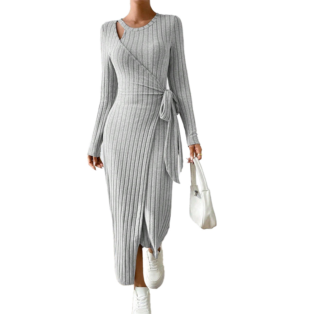 Knitted Grey Dress Irregular Hem Long Silhouette Autumn Winter Style Wholesale Womens Fashion Apparel