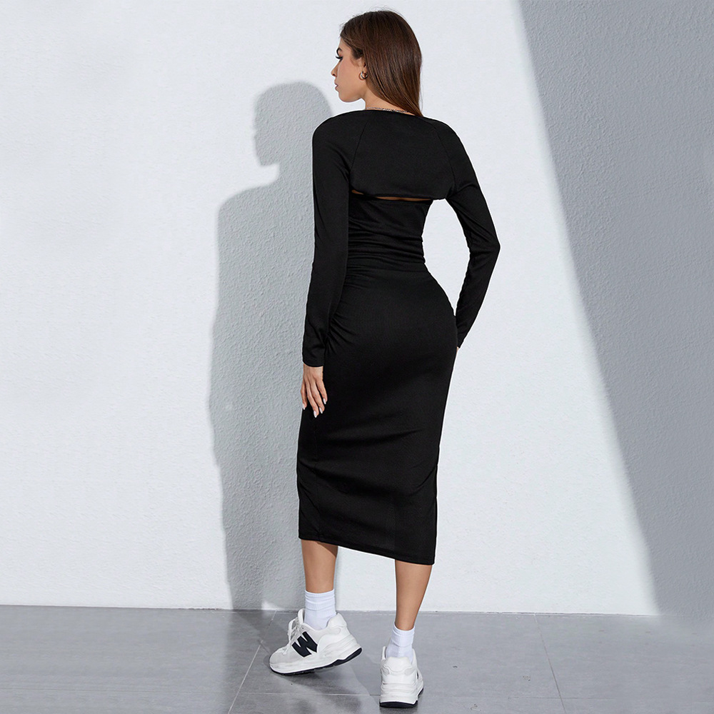 Autumn Winter Split Hem Bodycon Mid length Dress Two piece Set with Strapless Top and Long Sleeves