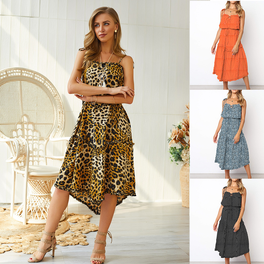 Summer Womens Dress Leopard Print Polka Dot Adjustable Straps Irregular Hem Casual or Party Wear Wholesale