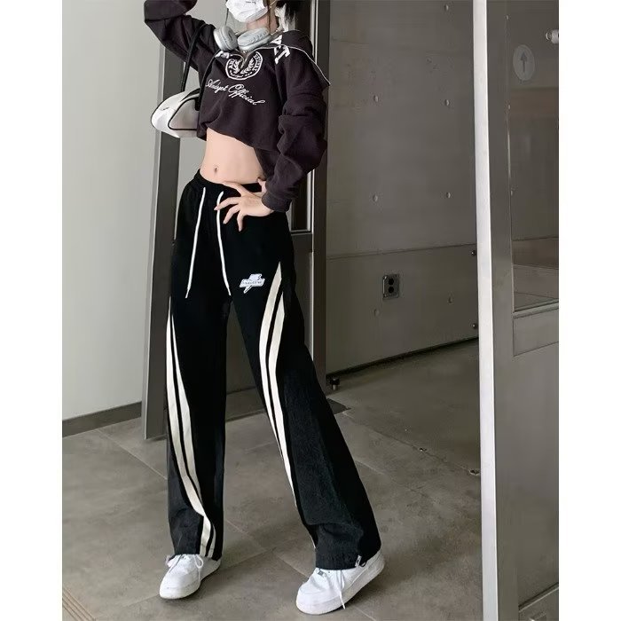 Vintage Color Block Denim Pants Unisex Loose Fit Drawstring Design Casual Streetwear for Couples Wholesale Available