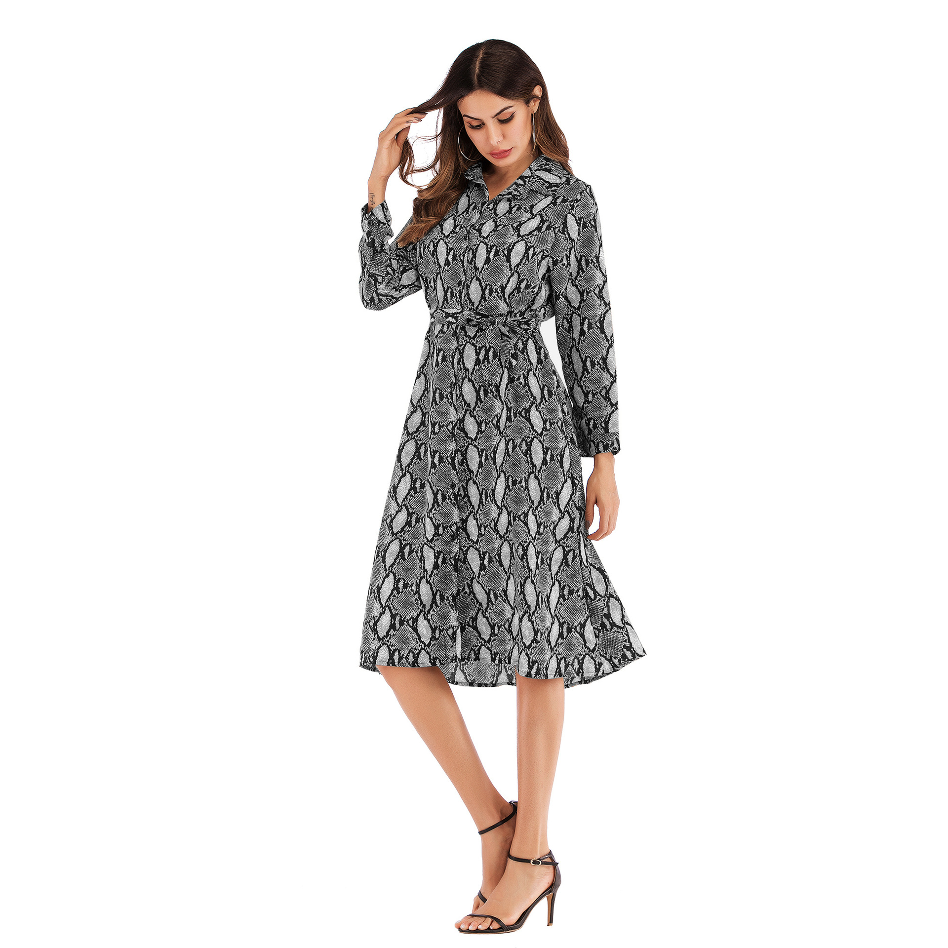 Chiffon Leopard Print Dress Long Sleeve Button Down Collar Fashionable Design Autumn Winter Collection Wholesale