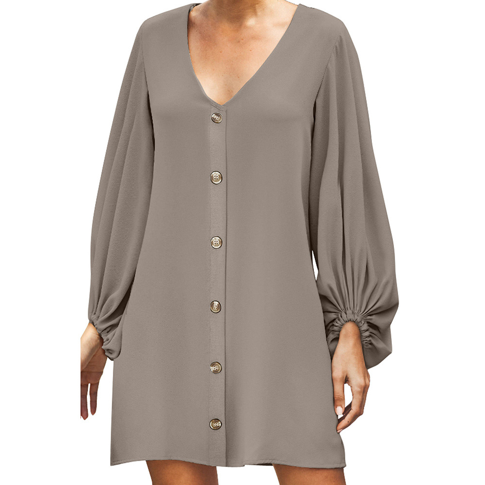 Solid Color Knee Length Dress European Style V Neck Long Sleeve Button Closure Autumn Fashion Wholesale Available