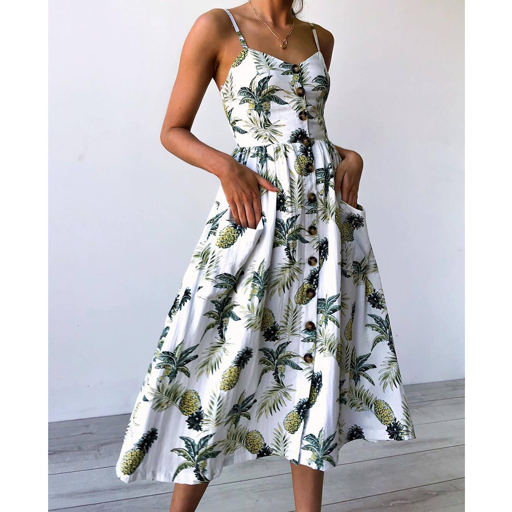 Bohemian Printed Midi Dress Summer Style Backless Design Adjustable Straps Perfect for Casual Outings Wholesale